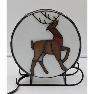Normande Lighting Holiday Tiffany Lamp Reindeer Stained Glass Accent Light